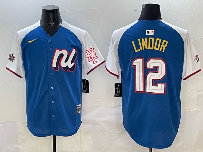 Men New York Mets 12 Lindor Blue white All star 2025 Nike MLB Jersey style 01